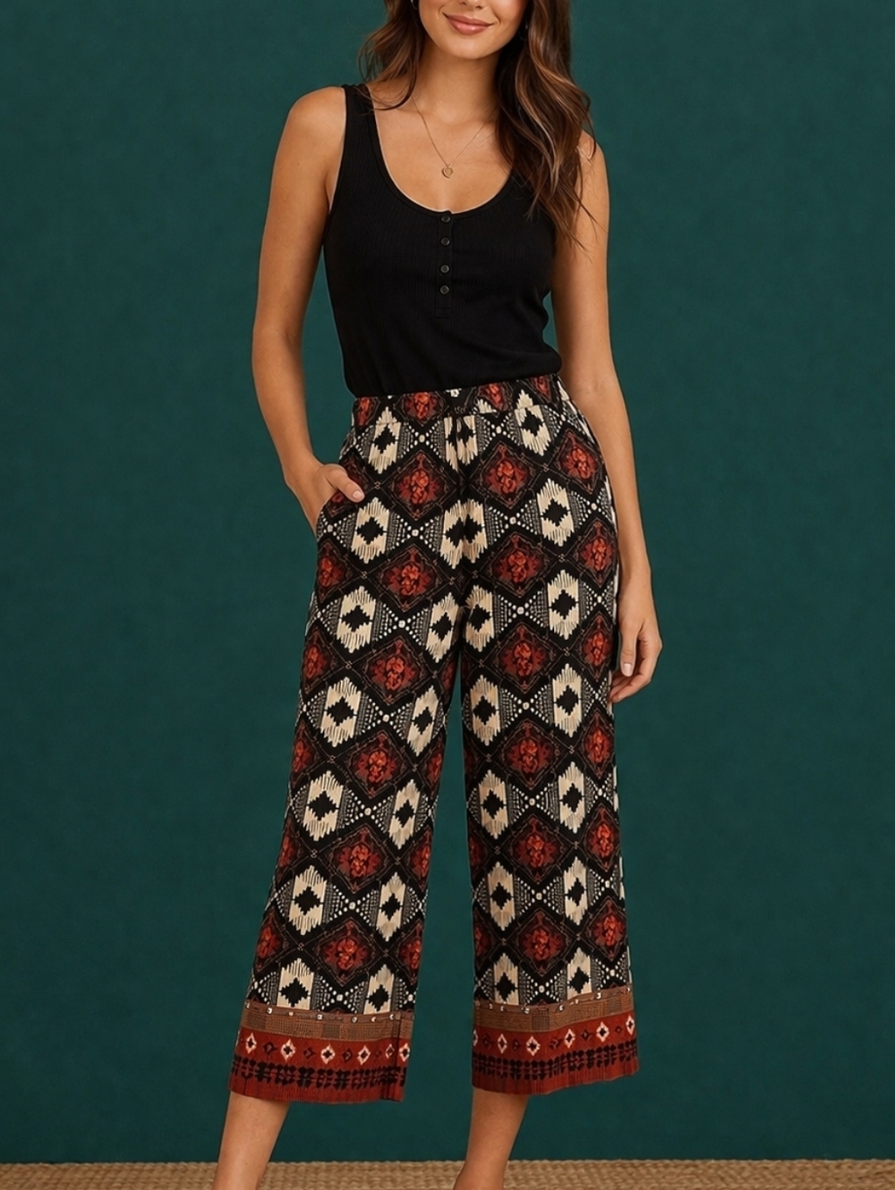 Vtg EMMA G Bohemian Ethnic Tribal Wide-Leg Cropped Festival Pants